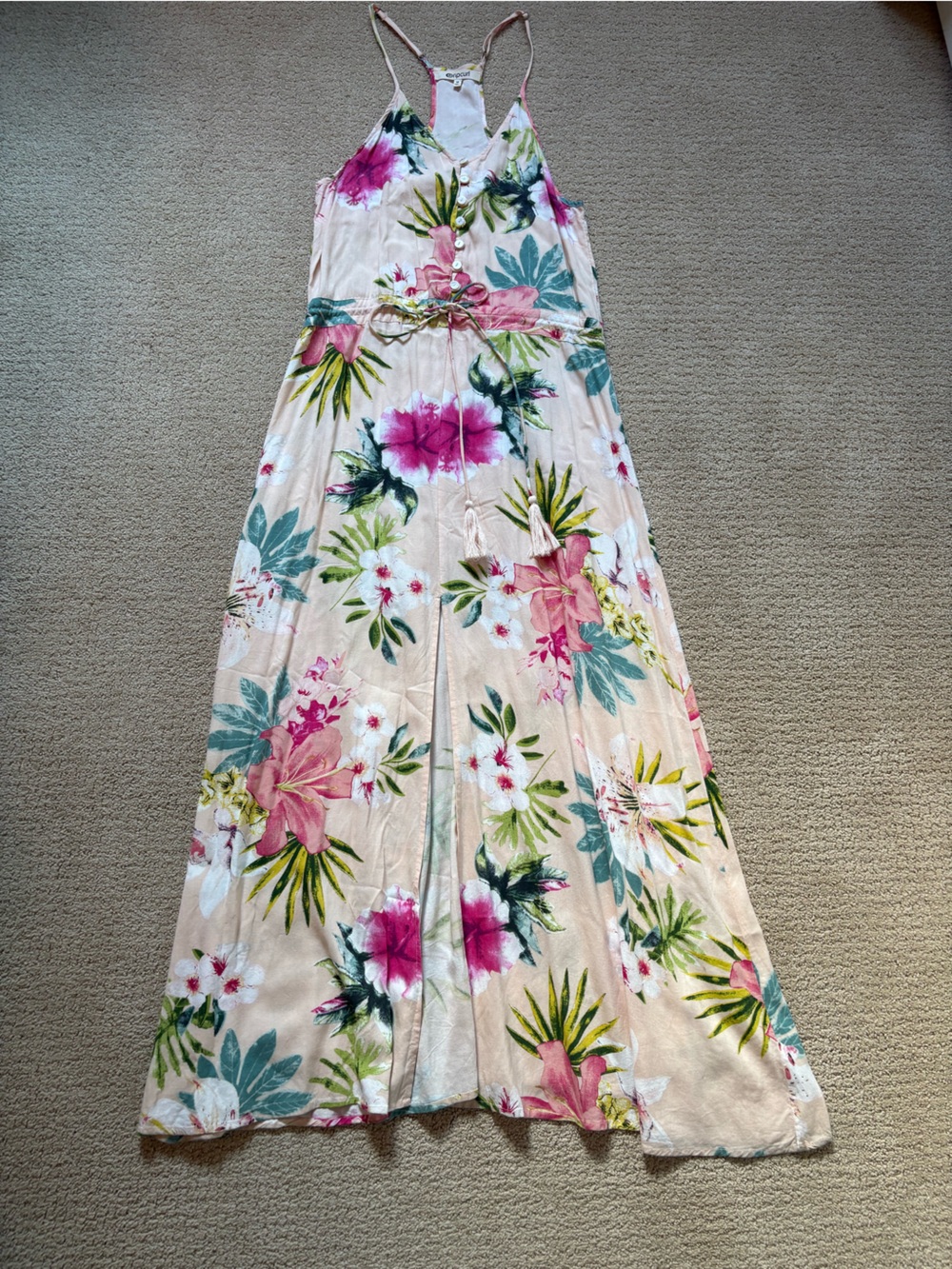 Rip Curl Pink Floral Maxi Dress with Tropical Print Halter Back Front Slit Sz M